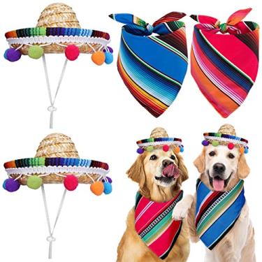 Imagem de Whaline Conjunto de fantasias para cães Serape Mexicano Cinco De Mayo Colorido Bandana e Chapéu Sombrero com Bola de Pompom de Feltro, Festa Mexicana, Acessórios para Festa de Carnaval Gato Pequeno e Médio, 4 peças