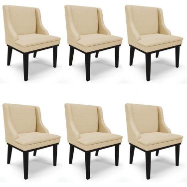 Imagem de Kit 6 Cadeiras Estofadas Para Sala De Jantar Base Fixa De Madeira Preto Lia Veludo Luxo Off White - Ibiza