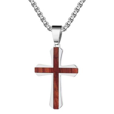 Imagem de Rofusn Colar de cruz de madeira para homens e mulheres: pingente de cruz embutida de madeira natural de aço inoxidável para presente de joias cristãs religiosas, Aço inoxidável, Sem Pedra Preciosa