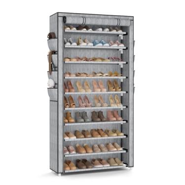 Imagem de VTRIN Sapateira alta com capa, organizador de sapatos de 10 níveis, armazenamento para 50 a 55 pares de sapatos e botas, prateleira de sapatos de grande capacidade com 8 bolsos, suporte para armário