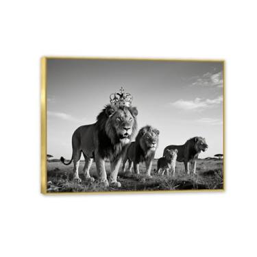 Imagem de Arte de parede em tela da família leão selvagem leoa e filhote impressões de imagens de animais selvagens africanas para decoração de quarto de escritório 65 x 50 cm (26 x 19 pol) moldura dourada