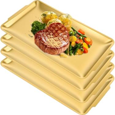 Imagem de Conjunto de bandejas douradas de 4 peças: bandejas douradas luxuosas para decoração e exibição de comida, travessas de aço inoxidável escovado de 27 x 15 cm para festas e jantares