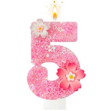 Imagem de Vela de aniversário de flor rosa, número de velas de aniversário para bolo, decoração de bolo para festas de aniversário, aniversário de casamento e outras celebrações (número 5, rosa)