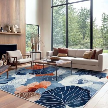 Imagem de Tapete Boho 22 x 30,5 cm Azul Marinho Laranja Folha Botânica Floral Tapete para Quarto Ultrafino Macio Pelo Baixo Tapete Grande Sala de Estar Antiderrapante Sala de Jantar Resistente a Manchas