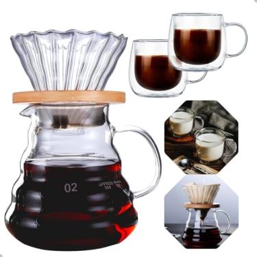 Imagem de Conjunto de Cafeteira Pour Over em Vidro, 600ml, com Suporte em Bambu e 2 Xícaras de Parede Dupla, 80ml