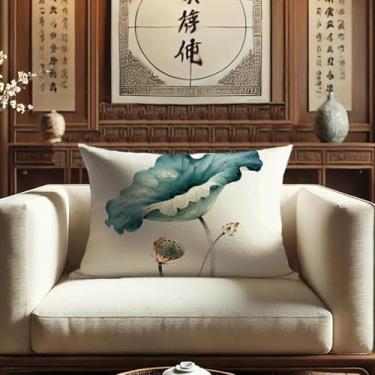 Imagem de Sladjana Enchanting Teal - Tinta chinesa verde - Capa de almofada de lótus de lavagem: Impressão digital de alta definição em imitação artística de linho (50 x 71 cm, JBHH-G)