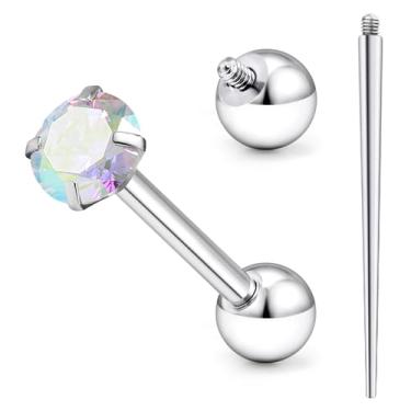 Imagem de Ruifan ASTM F136 Piercing de língua de titânio piercing de barra anéis de língua rosqueados internamente AB colorido CZ sólido titânio labret piercing joias para mulheres homens 14G 16 mm