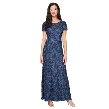 Imagem de Alex Evenings Vestido feminino longo roseta mãe da noiva com mangas curtas, Azul marino, 44