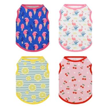 Imagem de Vehomy Pacote com 4 camisetas de verão para cachorrinhos e gatos, sem mangas, com estampa de flamingo de limão e cereja, colete refrescante para cães, listras, roupas para cães pequenos, médios GG
