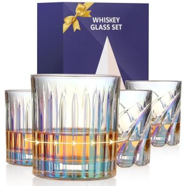 Imagem de Aoshin Conjunto de 4 copos de uísque giratórios, copos antiquados de 293 ml em caixa de presente, copos de bourbon iridescentes, para bebidas escocesas e coquetéis de rum, conhaque, vodka, presentes