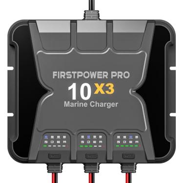 Imagem de FirstPower Pro Carregador De Bateria Marítima 3 Bancos Atualizado 10X3, 30A (10A/Banco) - Bordo À Prova D'Água 12V, Mantenedor E Dessulfatador Para Sla/Agm, Lítio (Lifepo4), Cálcio Ciclo Profundo