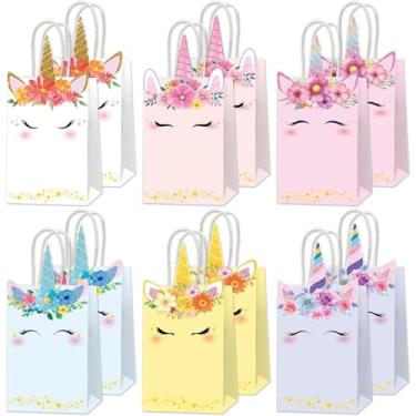 Imagem de ZOIIWA 12 peças de sacolas de lembrancinhas de festa de unicórnio com tema de arco-íris, pastel, unicórnio, doces, brindes, princesa, saco de presente de papel com alça para decoração de aniversário