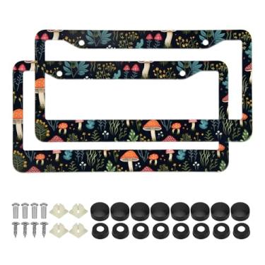 Imagem de 2 peças de molduras de placa de licença de cogumelo floresta encantada suportes de capa de placa de licença de liga de alumínio com tampa de parafuso e conjunto de chave de fenda - 2 furos para