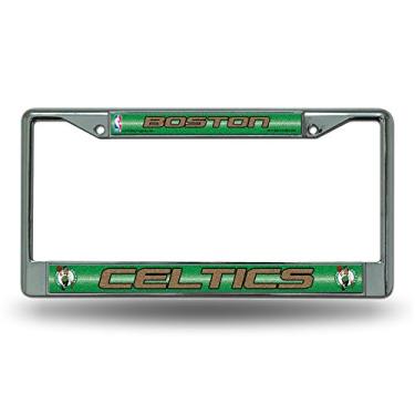 Imagem de Moldura de placa de carro NBA Rico Industries Bling Chrome com detalhes em glitter, cor do time Boston Celtics, 15 x 31 cm