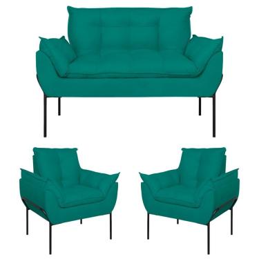 Imagem de Kit 02 Poltronas Opala + Namoradeira Base Metal Preta Azul Turquesa