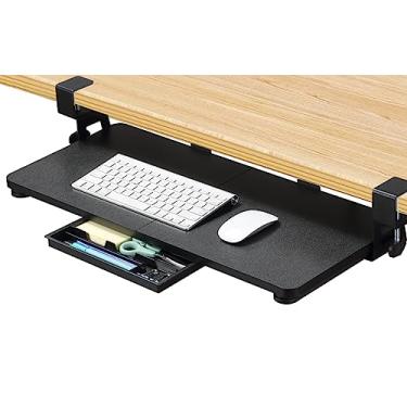 Imagem de ETHU Bandeja de teclado sob a mesa, bandeja de teclado grande de 68 cm x 30 cm com suporte de fixação C fácil de instalar, suporte de teclado de computador, bandeja ergonômica para teclado para casa e escritório (preto)