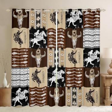 Imagem de Feelyou Cortinas blackout de caubói ocidental infantil 30%-50% (2 painéis, 42 x 84 polegadas) Vaca do Oeste Selvagem Caveira Escurecimento Drapeado Exótico Xadrez Geométrico Marrom Tratamentos de