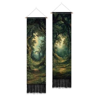 Imagem de PLIGREAT Pacote com 2 tapeçarias verticais de floresta mágica com borlas caminho de tranquilidade para pendurar na parede para quarto, sala de estar, decoração de casa, tapeçaria de arte longa e