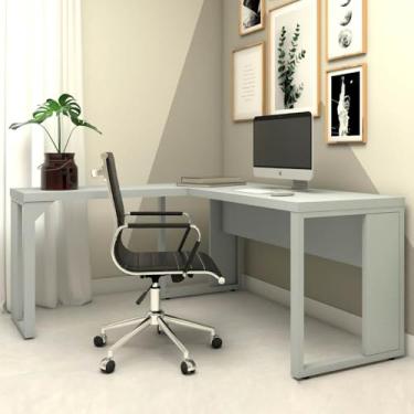 Imagem de Mesa de Escritório em L Preto Industrial Home Office Tampo 40mm MDP Pés Metálicos (Cinza Claro)