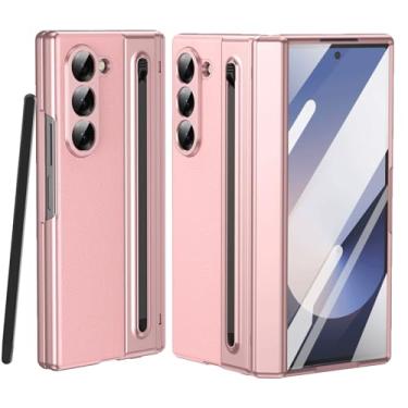 Imagem de Capa para celular Samsung Galaxy Z Fold 6 com protetor de tela integrado, capa flip de couro com caneta S e proteção de dobradiça, capa protetora à prova de choque para Samsung Z Fold 6 5G (rosa)
