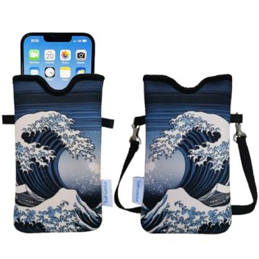 Imagem de Tainada Bolsa de neoprene masculina e feminina com alça transversal/cordão de pescoço para iPhone 17/16/15 Pro Max, 16/15 Plus, 16e; Samsung S25, S24, A56, A55, Z Fold7 (tema The Great Wave Japane)
