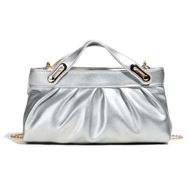 Imagem de OAYAO Bolsas de mão femininas formais elegantes à noite, bolsa de couro vegano plissada macia da moda, Prata