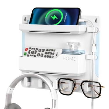 Imagem de JUMEIHUI Suporte de parede para cabeceira, organizador de acessórios para cabeceira com ganchos para chaves e clipes de cabo, armazenamento de parede para telefone, controle remoto, óculos, fone de ouvido, Kindle (branco)