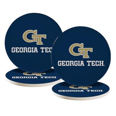 Imagem de Desert Cactus Georgia Tech Porta-copos de cerâmica pacote com 4 casacos amarelos GT Institute of Technology porta-copos absorventes para bebidas com suporte de cortiça (Design A)