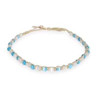 Imagem de BlueRica Colar gargantilha com cordão de cânhamo com contas de olho de gato (azul claro e branco), Fibra natural Cordão de cânhamo, Ágata