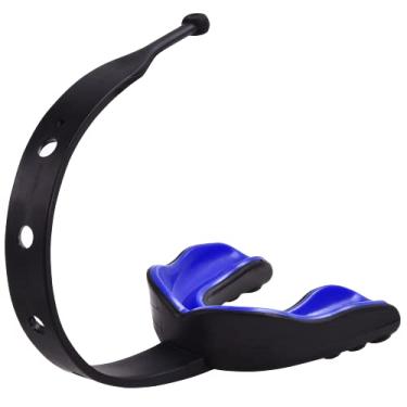 Imagem de Oral Mart Protetor bucal preto/azul com tiras (hóquei no gelo/futebol/lacrosse) – Protetor bucal esportivo com alça para futebol, hóquei, lacrosse, futebol americano universitário (com estojo grátis)