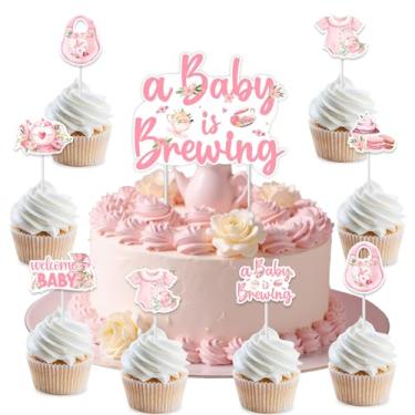 Imagem de kreat4joy Tea Party Decoração de chá de bebê menina, 13 peças A Baby is Brewing Cake Topper Tema de Chá Topper Rosa Impressão Dupla Face Pré-Montagem para Princesas Flores, Suprimentos de Revelação de