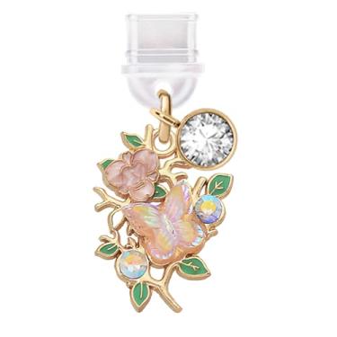 Imagem de ELISE & FONDA TP821 Tipo-C porta de carregamento plugue antipoeira pequena borboleta em flores pingente de celular para iPhone 15/16/Samsung/OnePlus/Xiaomi/oppo telefones Android (rosa)