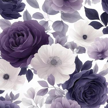 Imagem de Yzogbry Papel de parede moderno branco roxo peônia floral descascar e colar decoração de parede autoadesivo papel de parede cola fácil de retirar contato para locatário apartamento