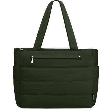 Imagem de Bolsa feminina leve acolchoada e acolchoada com armazenamento para trabalho, viagem, academia, serve para laptop de 15,6 polegadas, Verde oliva, Large