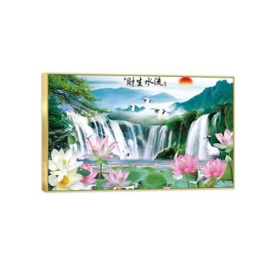 Imagem de BMZFYBS Impressão em tela de paisagem - Cachoeira Lótus - Natureza Arte de parede Imagem Chinoiserie - Pôster de decoração de moldura dourada 20 x 30 cm 8 x 12 pol