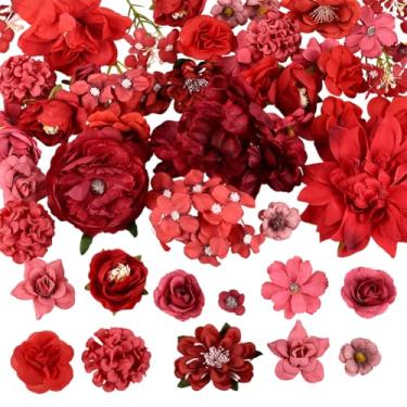 Imagem de SOFPLATE 1 caixa 51 peças cabeças de flores artificiais vermelhas estilo aleatório flores artificiais tecido de seda flores festa de casamento decoração de casa para guirlanda de grinalda suprimentos