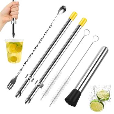 Imagem de Kit profissional de 6 peças de suporte de limonada, inclui 2 peças de perfuradores de palha de aço inoxidável 316 para tampas de plástico, misturador de aço inoxidável, colher de mistura e 2 escovas