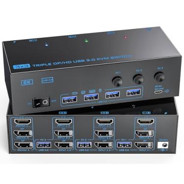 Imagem de KVM Switch 3 monitores 3 computadores, monitor triplo ANXQQ 8K @60Hz 4K@144Hz KVM, HDMI + Displayport KVM Switch com 4 portas USB 3.0, 3 monitores KVM com adaptador de energia e controle remoto com