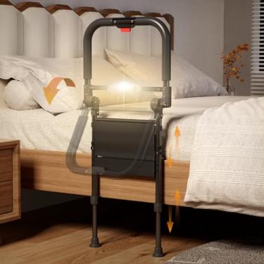 Imagem de Trilhos de cama dobráveis para idosos, trilho auxiliar de segurança ajustável em altura com sensor de luz e bolso de armazenamento, grades de cabeceira para camas de casal queen king, ideal para