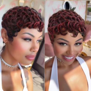 Imagem de Perucas de cabelo humano curto para mulheres negras Put on and Go Peruca sem cola, perucas curtas encaracoladas peruca corte Pixie peruca de cabelo humano cor F1B/99J