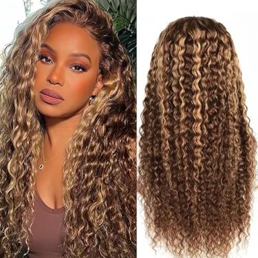 Imagem de ALYOGA Perucas de cabelo humano ondulado profundo 33 x 15 cm de densidade 180 pré-arrancadas com cabelo de bebê, perucas onduladas de água para mulheres sem cola 427 peruca cacheada 50,8 cm