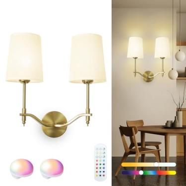 Imagem de Troconce Arandelas de parede operadas por bateria 2 luzes, arandela de parede recarregável dourada com 15 lâmpadas RGB reguláveis destacáveis e controle remoto, lâmpada de parede alimentada por