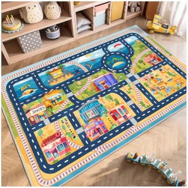 Imagem de Fuzorise Tapete infantil de carro, para sala de jogos, retangular, lavável, antiderrapante, para quarto de meninas e meninos, tapete educacional para crianças, sala de aula.