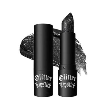 Imagem de Pakivs Batom preto fosco com glitter, batom com brilho de diamante, batom de alto pigmento, brilho labial brilhante à prova d'água de longa duração, maquiagem gótica para festa de cosplay de Halloween