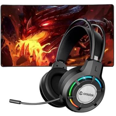 Imagem de Kit Gamer Headset Fone de Ouvido Microfone Flexivel Drive 50mm P2 USB LED RGB e Mouse Pad Grande 80x40 cm Tecido Emborrachado Antiderrapante (MP7)