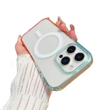 Imagem de Capa magnética transparente à prova de choque gradiente de cor contrastante para iPhone, compatível com carregamento sem fio MagSafe (laranja verde, iPhone 16e)