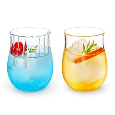 Imagem de Koythin Copos de vidro com nervuras de 2 peças, copos vintage para café gelado, suco, coquetéis, leite, chá, cerveja, 283 g/300 ml com formato arredondado (tulipa oval)