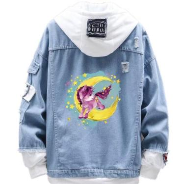 Imagem de Jaqueta jeans, estilo solto, design criativo, lua, unicórnio - SANMU