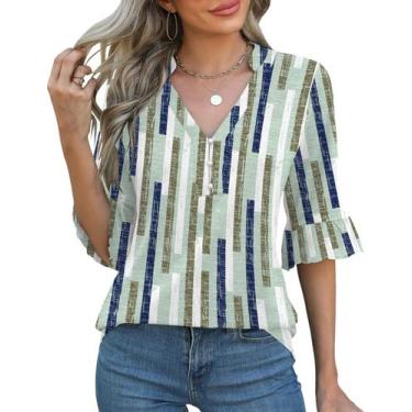 Imagem de Blusa feminina Rapbin, manga 3/4, decote em V, verde, branca, L