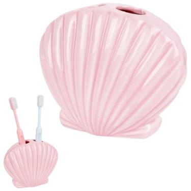 Imagem de DODAMOUR Suporte de escova de dentes de cerâmica, design de concha rosa com 2 compartimentos, organizador de escova de dentes moderno, suporte decorativo para pia de banheiro e bancada (rosa)